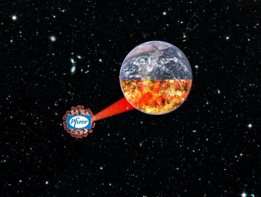 The Earth, floating in space, being attacked by a Luna-scale covid molecule bearing the Pfizer logo, which is irradiating the southern hemisphere with a beam weapon that has set the Global South on fire.