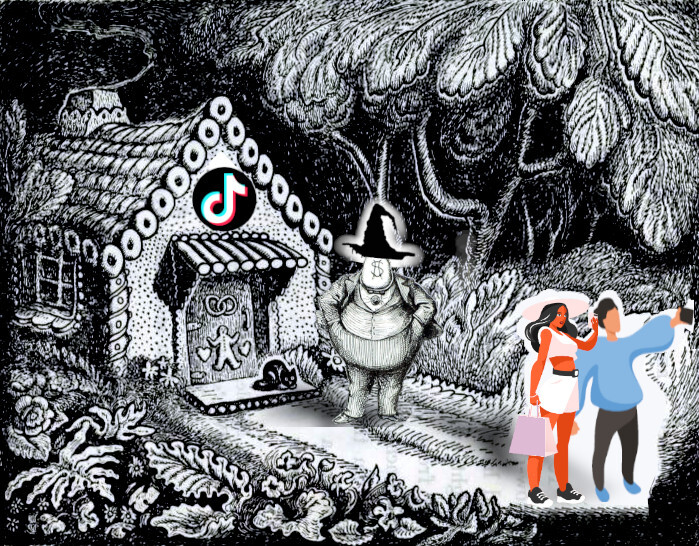 Hansel and Gretel in front of the witch's candy house. Hansel and Gretel have been replaced with line-drawings of influencers, taking selfies of themselves with the candy house. In front of the candy house stands a portly man in a business suit; his head is a sack of money with a dollar-sign on it. He wears a crooked witch's hat. The cottage has the Tiktok logo on it.