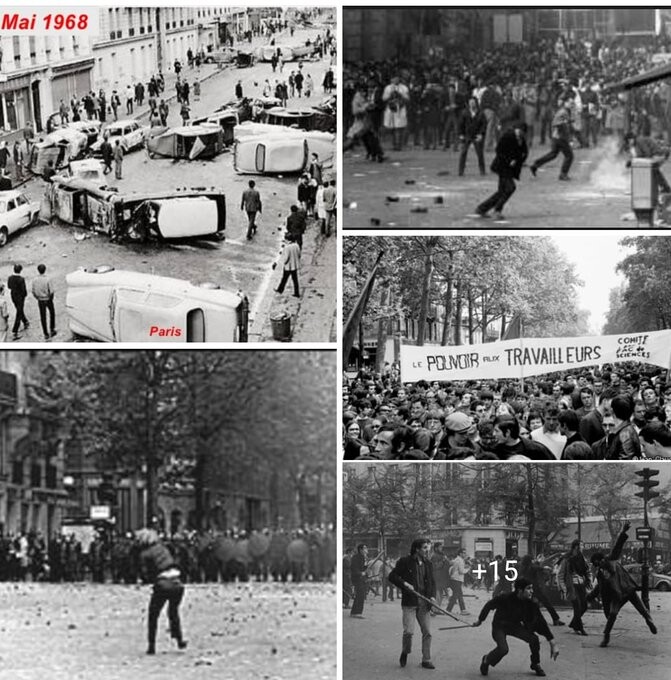 Photos des rues à Paris durant les grèves et blocages de 1968 en France

Barricades de voitures renversées.
Femme faisant face seule aux CRS.
Foules x2 manifestations, banderole dans la foule "Le pouvoir aux travailleurs"

