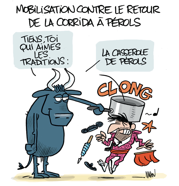 Dessin humoristique signé Man et titré "Mobilisation contre le retour des corridas à Pérols " montrant un taureau qui assomme le torrero avec le cul d'une casserole en disant " tiens, toi qui aimes les traditions : la casserole de perols".