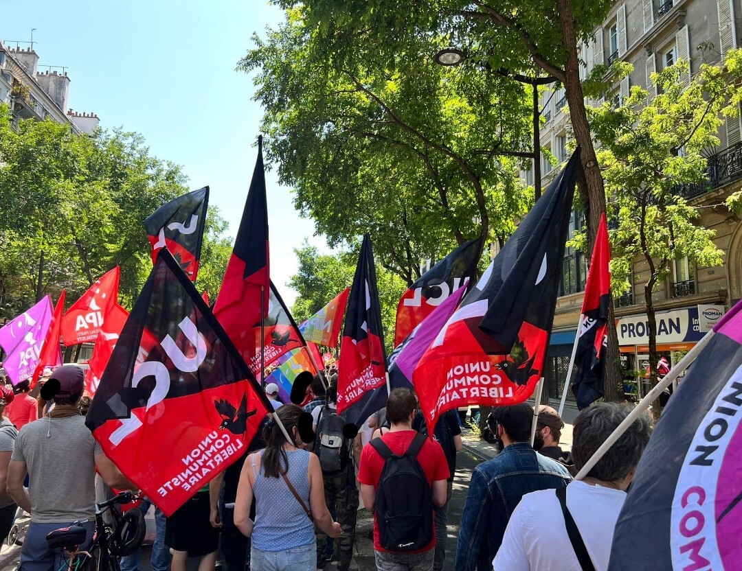 Photo de la manifestation où on voit plein de drapeaux UCL.
