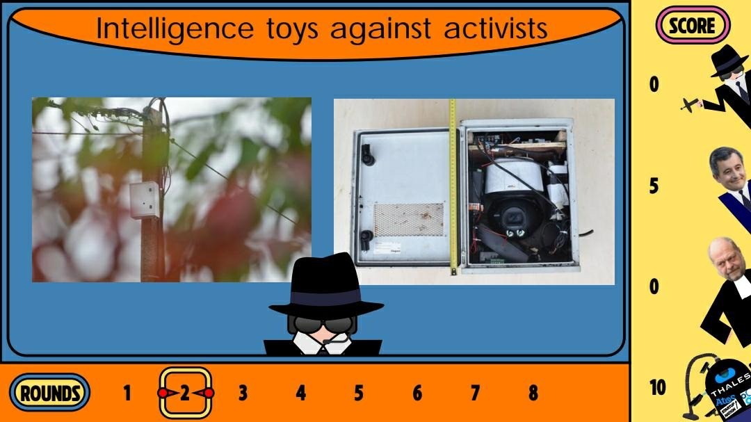 Slide dont le titre est « Intelligence toys against activists » et des exemples de dispositifs de surveillance découverts.